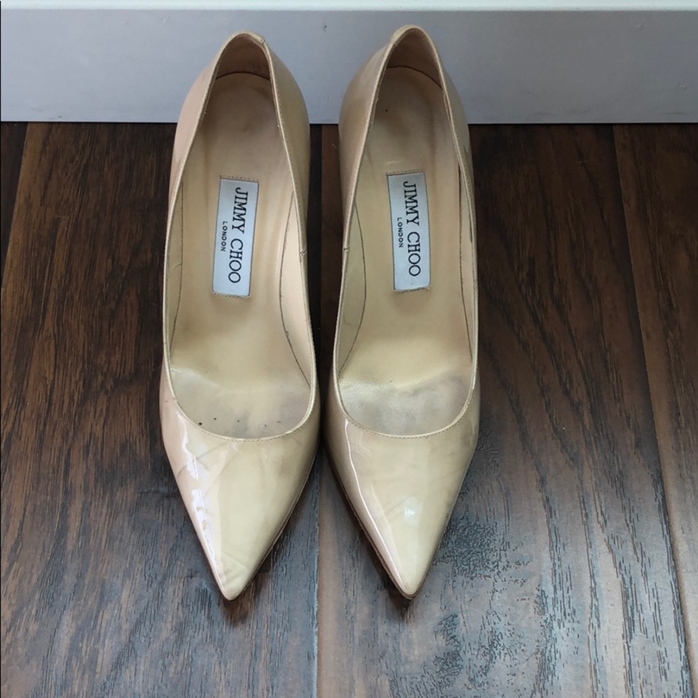 Nude Jimmy Choo Patent Leather Pointy Toe Pumps 36
